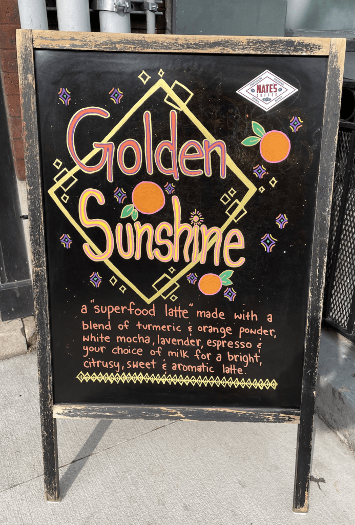 Golden Sunshine: a superfood latte made with a blend of turmeric & orange powder, white mocha, lavender, espresso and your choice of milk for a bright, citrusy, sweet & aromatic latte.